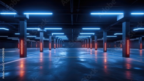 Abstract empty parking interior with concrete pillars and neon lights © Thuch