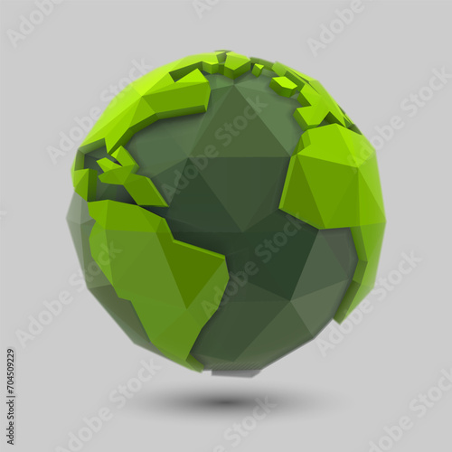 Geometric, eco-friendly globe vector design. Illustration of green polygonal land map illustration, symbol of balance and sustainability. Low-poly representation of planet earth.