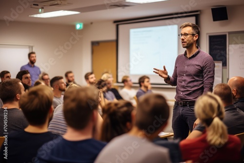 An expert in a subject, stood at a blackboard, speaking in front of a room full of people eagerly watching on. The speaker should look 27, male, white, with brown short ruffled hair, 