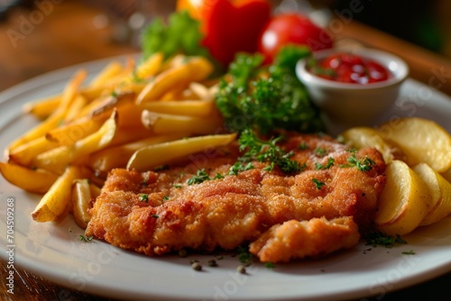 Schnitzel with French fries close-up, ai generated, Generative AI