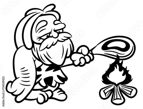 Cartoon illustration of Caveman wearing sabertooth leather outfit cooking a meat with bonfire. Best for outline, logo, and coloring book with prehistoric themes