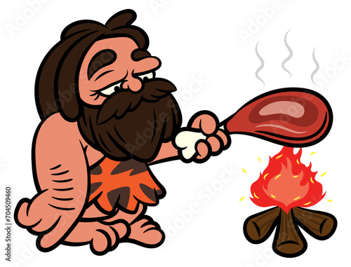Cartoon illustration of Caveman wearing sabertooth leather outfit cooking a meat with bonfire. Best for sticker, logo, and mascot with prehistoric themes