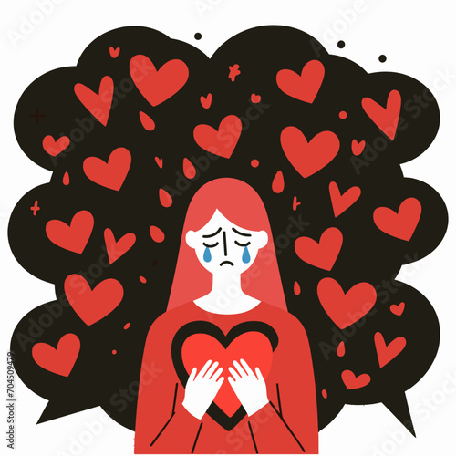 flat illustration crying girl holding heart in her hands, lack of love, feels unloved, flawed, depressed. concept - bullying, emotional abuse, unrequited love, parental divorce