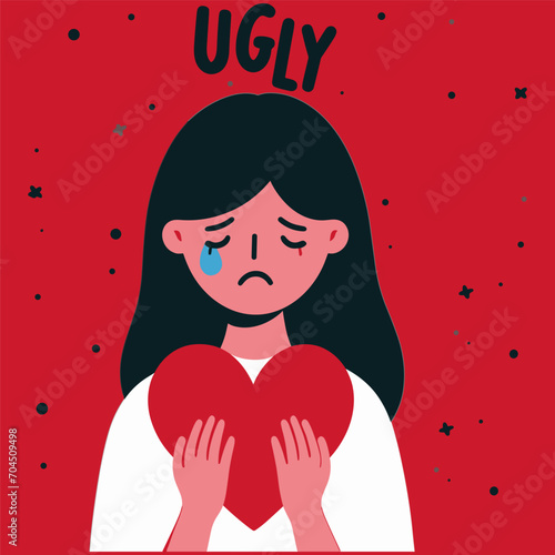A flat illustration of a crying girl holding a heart in her hands on a red background, feels ugly. The concept is bowling, emotional abuse, unrequited love, parental divorce