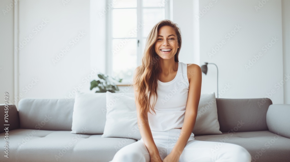 fitness girl in workout clothes is exercising and smiling happily at home fitness girl in workout clothes is exercising and smiling happily at home