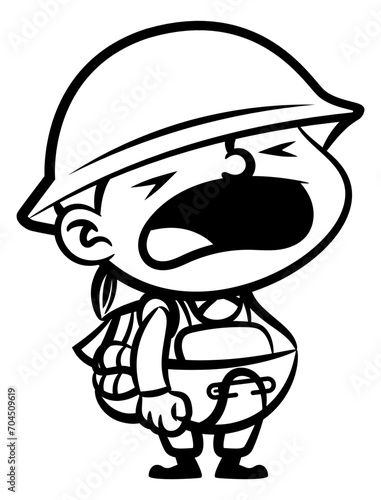 A Little Army with military equipment, crying while wearing baby diapers. Best for outline, logo, and coloring book with world war themes