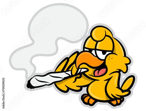 Cartoon illustration of Cute little bird smoking cannabis, best for sticker, logo, and mascot with marijuana themes