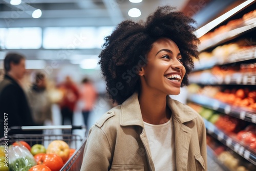Attractive black woman shopping in grocery store photo