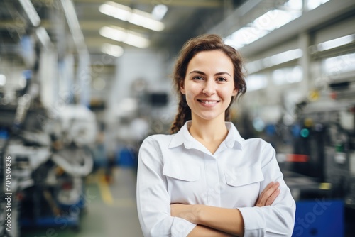 Authentic and professional looking Job ad style photograph of a smiling female machine operator wearing white t-shirt working in a big modern