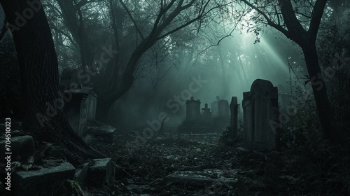 Сemetery with fog lights in the woods