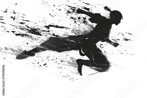 Jump and kick sideways in the air, pictogram, vector, dynamic movement, monochrome, china ink, sketch, graffiti, splatter paint, white background, full body standing. generative AI photo