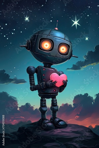 a cute robot holding a heart