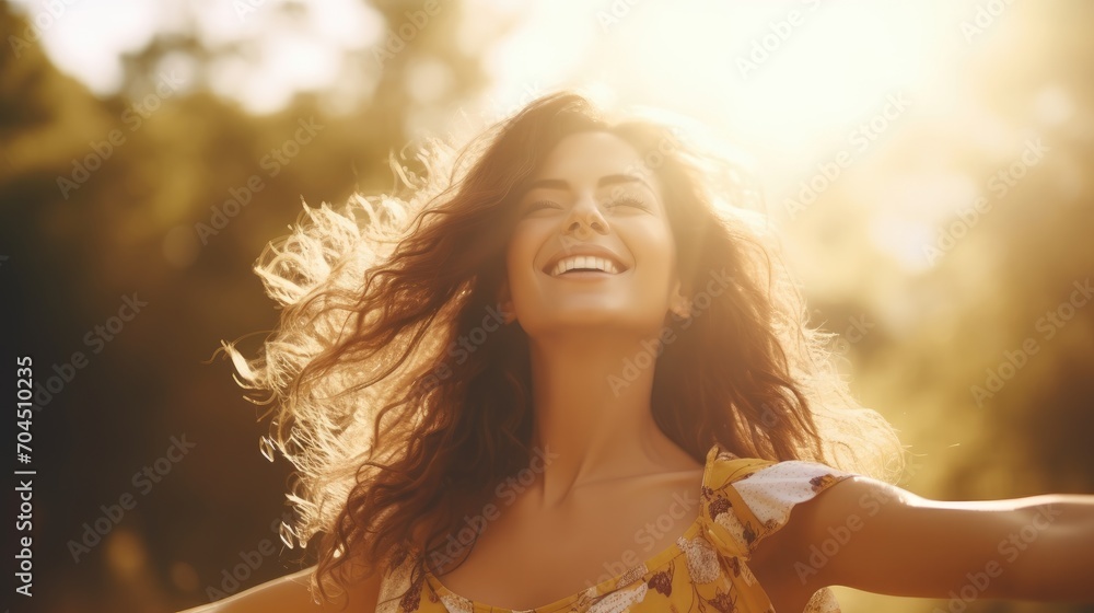 Beautiful smiling woman with open arms on a sunny day Beautiful smiling woman with open arms on a sunny day