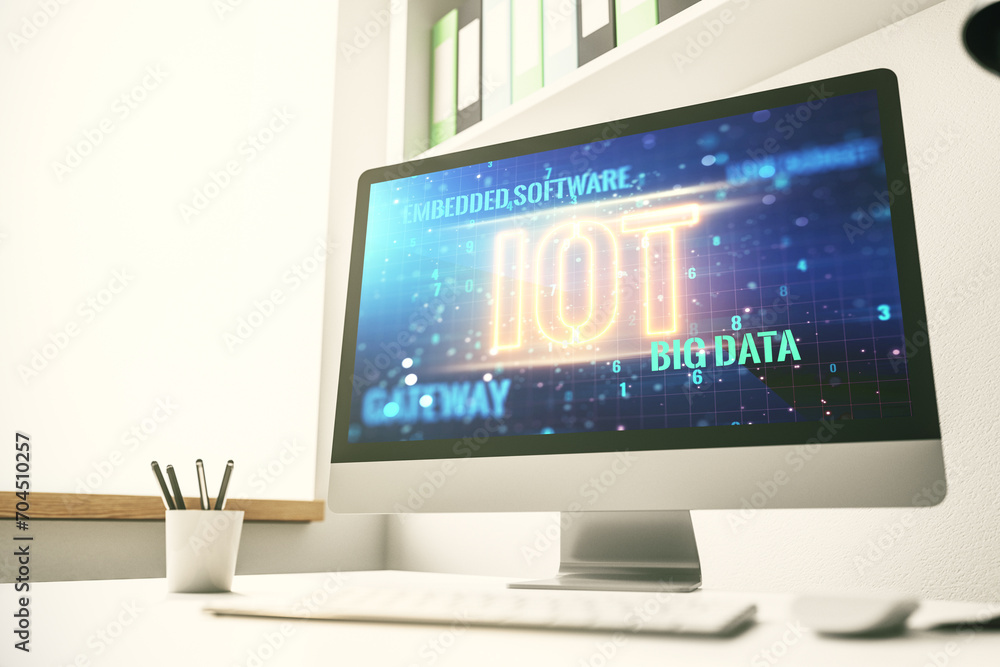 Modern computer monitor with creative IOT hologram, research and development concept. 3D Rendering Modern computer monitor with creative IOT hologram, research and development concept. 3D Rendering