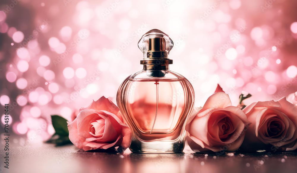 Perfume bottle and rose fresh flowers on blurred pink bokeh background.Elite perfumery concept. Generative AI. Perfume bottle and rose fresh flowers on blurred pink bokeh background.Elite perfumery concept. Generative AI.