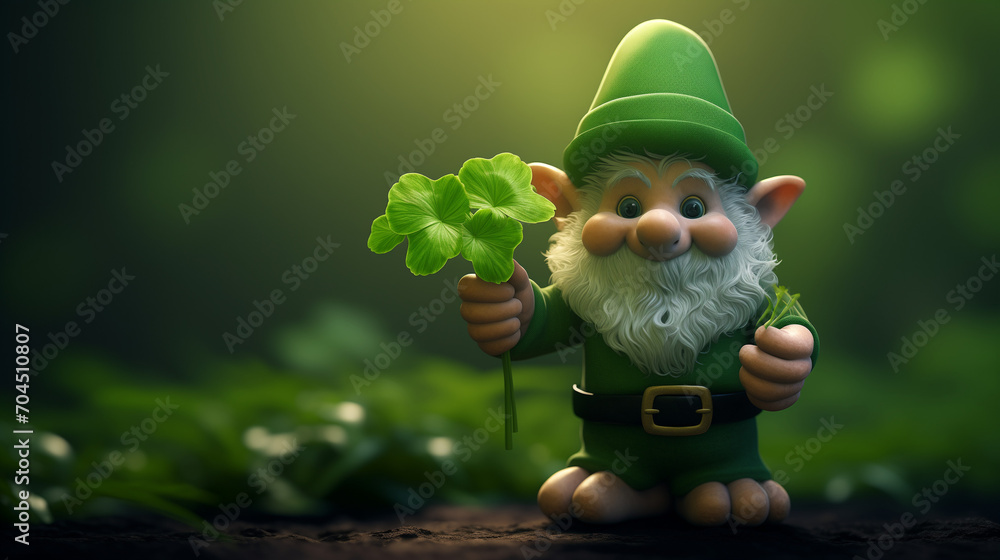 gnome dwarf toy dressed in vibrant green and carrying a delightful bouquet of clovers gnome dwarf toy dressed in vibrant green and carrying a delightful bouquet of clovers