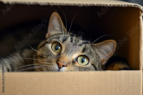 Tabby Cat Peeking Out from Cardboard Box