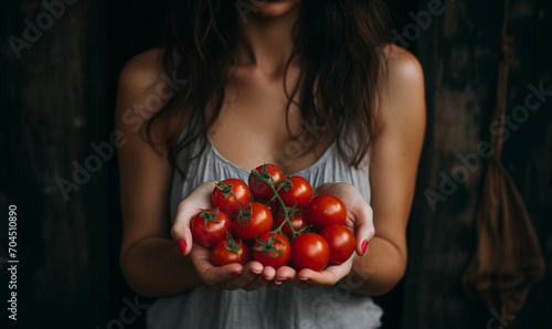 Zdjęcie kobiety ze świeżymi pomidorami w dłoniach, zbliżenie na same dłonie