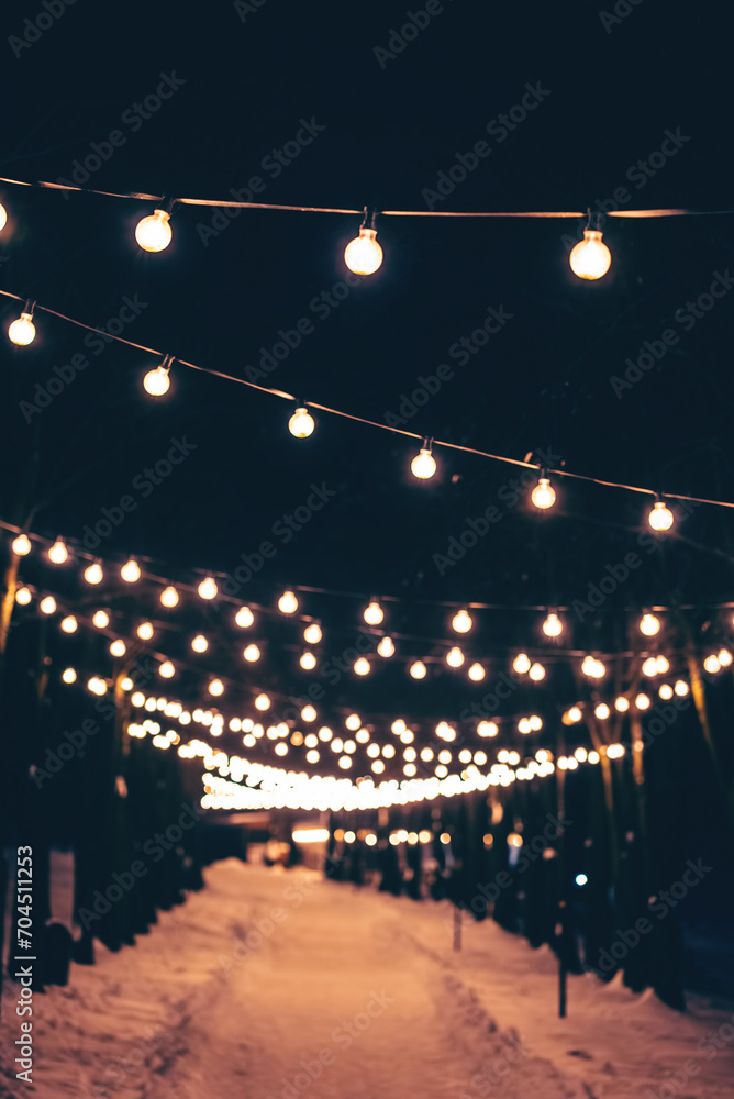 illuminated alley in snowy winter park, snow in forest and road with festive decorated light bulbs at night 4k - obrazy, fototapety, plakaty 
