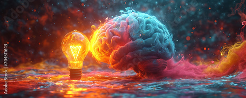 A liquid color design background depicting the emergence of ideas, with a light bulb and a human brain symbolizing the growth of colorful, inspired concepts.