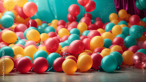 Colourful balloons flying in the blue sky ai image 
