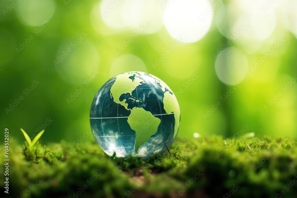 Globe in Green, Nature's Harmony - A glass globe surrounded by lush greenery.