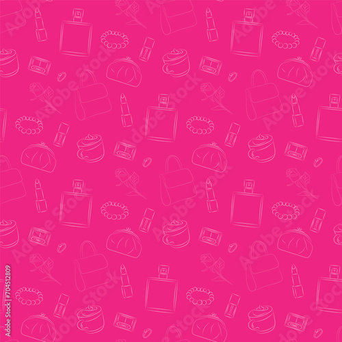 Sketch of various girly things on pink background, flat vector, seamless pattern