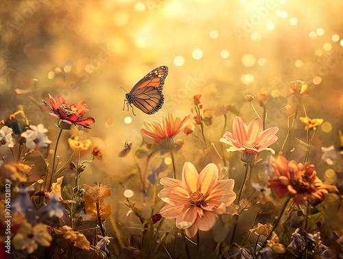 In the heart of an enchanted garden, love blooms amidst vibrant flowers and dancing butterflies