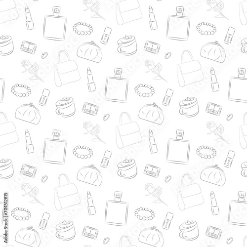 Sketch of different girly things on a white background, flat vector, seamless pattern