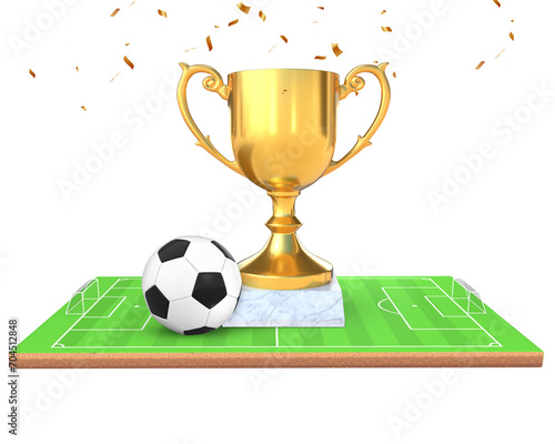 3D Rendering Golden Trophy With Soccer Ball On Soccer Field Front View Isolated On Transparent Background, PNG File Add