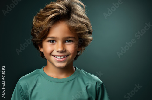 studio photo of smiling healthy and positive teenager on a blue-green background