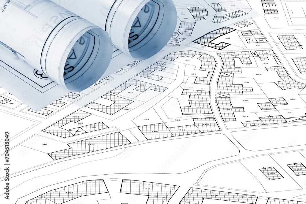 Imaginary cadastral map with buildings, land parcel and vacant plot - land records and property registry concept Imaginary cadastral map with buildings, land parcel and vacant plot - land records and property registry concept