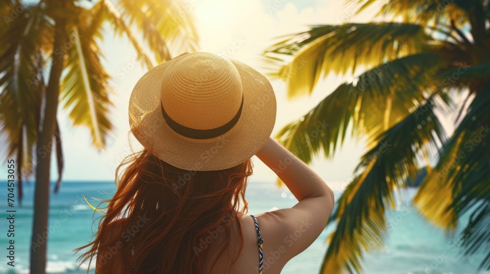 Happy woman with hat relaxing at the seaside and looking away. Summer beach vacation concept.