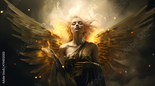 Arafed image of a woman dressed in a golden costume with wings , generative ai