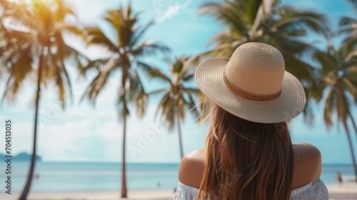 Happy woman with hat relaxing at the seaside and looking away. Summer beach vacation concept. © Oulaphone