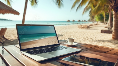 Image of laptop on the beach. you can see and mockup the desktop 