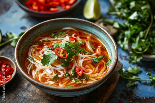 thai spicy noodle soup with chili pepper and herbs