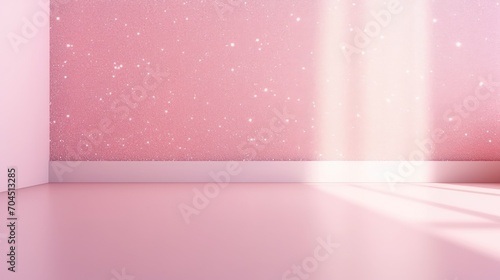 Delicate pink empty wall and floor with interesting light glare and interesting shadow, 