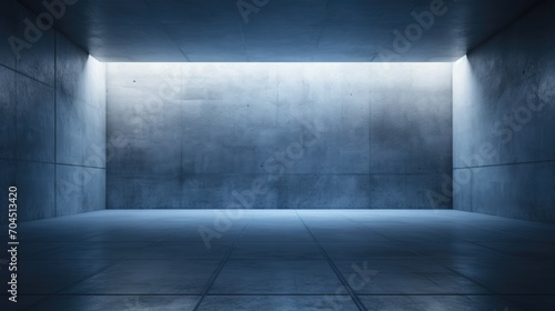 Empty, dark blue room with a light shining on it, in the style of light gray, minimalist backgrounds, photo-realistic still life,