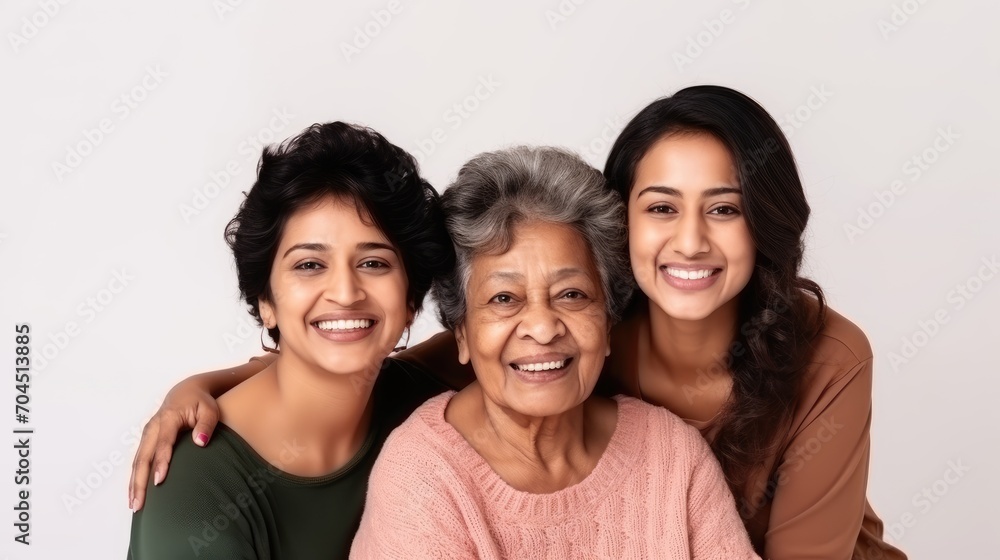 Female generations Indian grandmother, mother and daughter posing together over studio white background Female generations Indian grandmother, mother and daughter posing together over studio white background