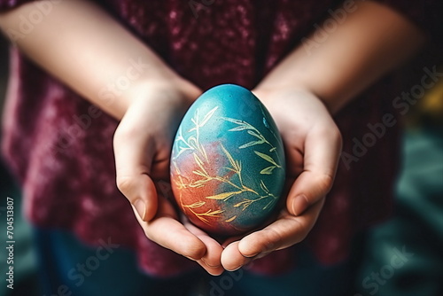 child girl hand hold painted easter egg