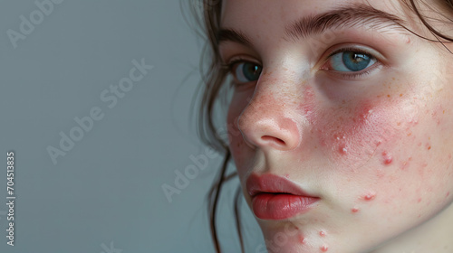 a portrait of a serious teenage girl with some acne on her face, closeup