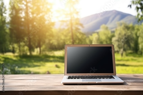 Front laptop view, hands typing on the keyboard, nature background 