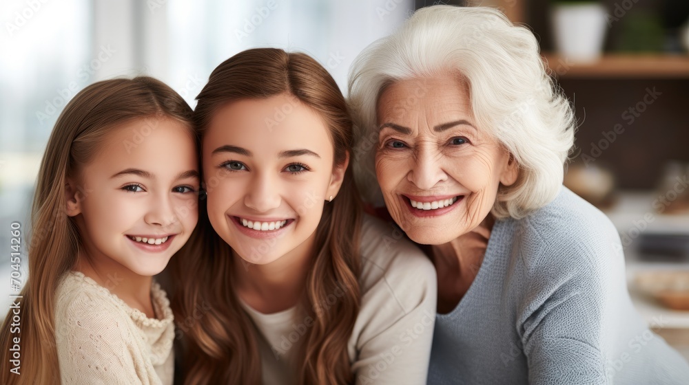 Generations. Headshot portrait of three 3 generations family, smiling grandmother, grown young daughter and child girl looking at camera, happy kid granddaughter, Generations. Headshot portrait of three 3 generations family, smiling grandmother, grown young daughter and child girl looking at camera, happy kid granddaughter,