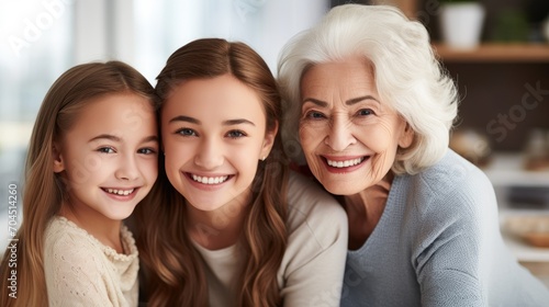 Generations. Headshot portrait of three 3 generations family, smiling grandmother, grown young daughter and child girl looking at camera, happy kid granddaughter, 