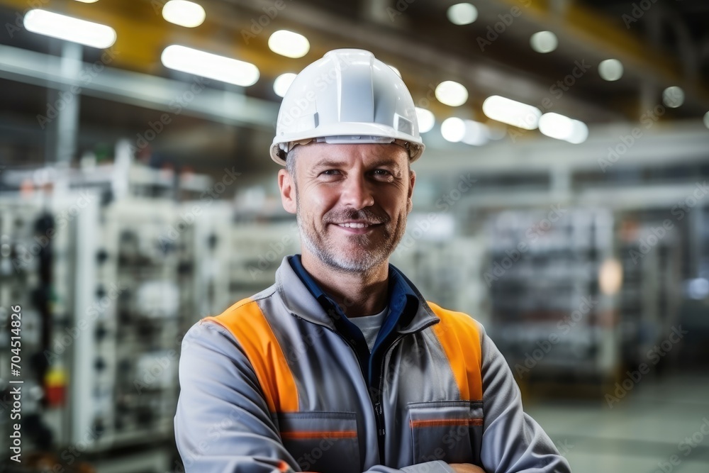 Head shot of electrical engineer wearing helmet and working at electrical plant Head shot of electrical engineer wearing helmet and working at electrical plant
