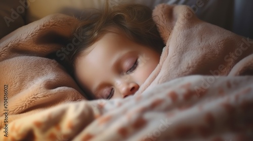 "A close-up of a little girl sleeping peacefully on a soft blanket in her room, a serene image of comfort and tranquility."