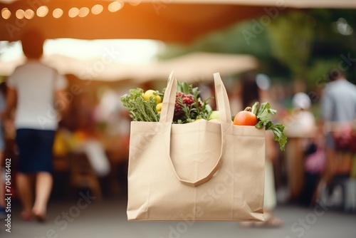 Low cinematic photographic shot of closeup luxurious market bag with blurry farmers market background scene