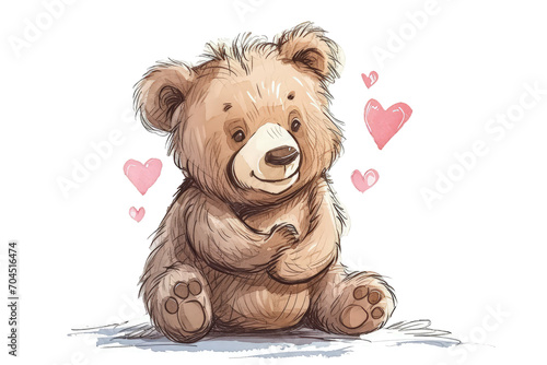 Cute little bear with hearts isolated. Valentine's Day watercolor postcard and greeting card design. photo