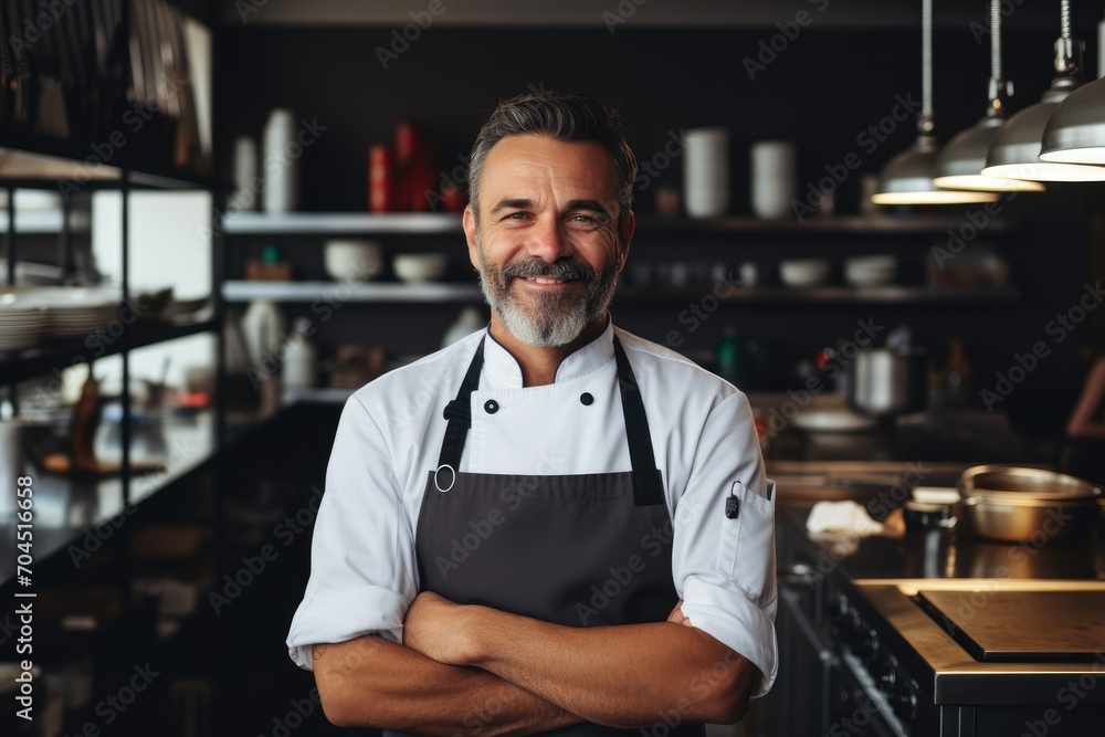 Fototapeta premium Middle aged caucasian european kitchen chef in a modern restaurant kitchen smiling , 
